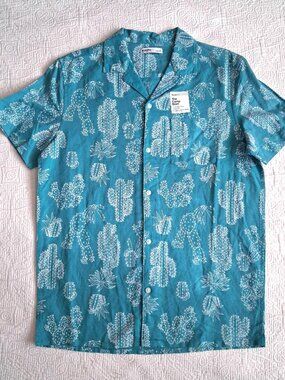 Sonoma Mens Short Sleeve Camp Shirt Teal Cactus Desert Cotton/Linen Size Small